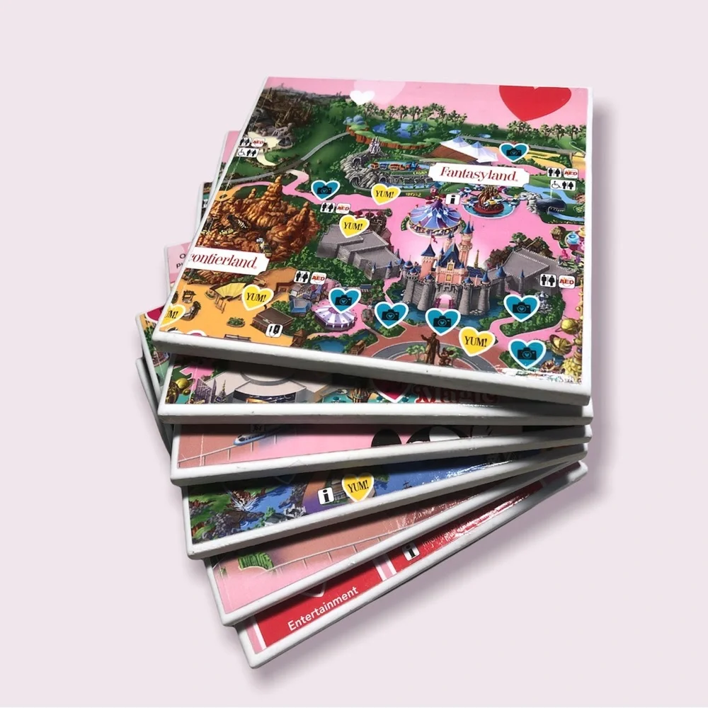 Disneyland Map Coasters (6) Handmade 4x4 Limited Edition Disney Valentine’s Day - Picture 2 of 6